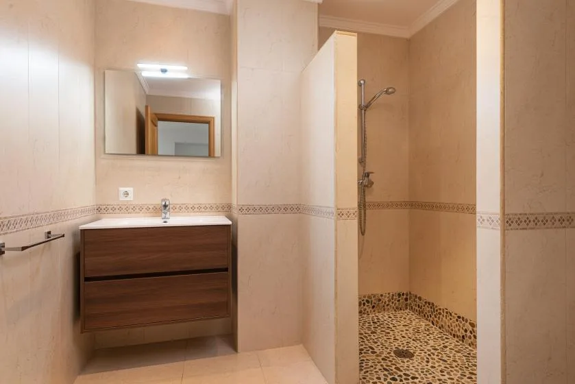A tiled bathroom with a vanity, mirror, and open shower area.