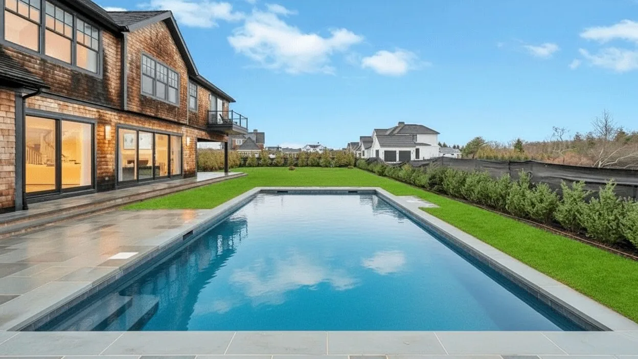 Una piscina rectangular al aire libre está junto a una casa moderna y un césped verde.