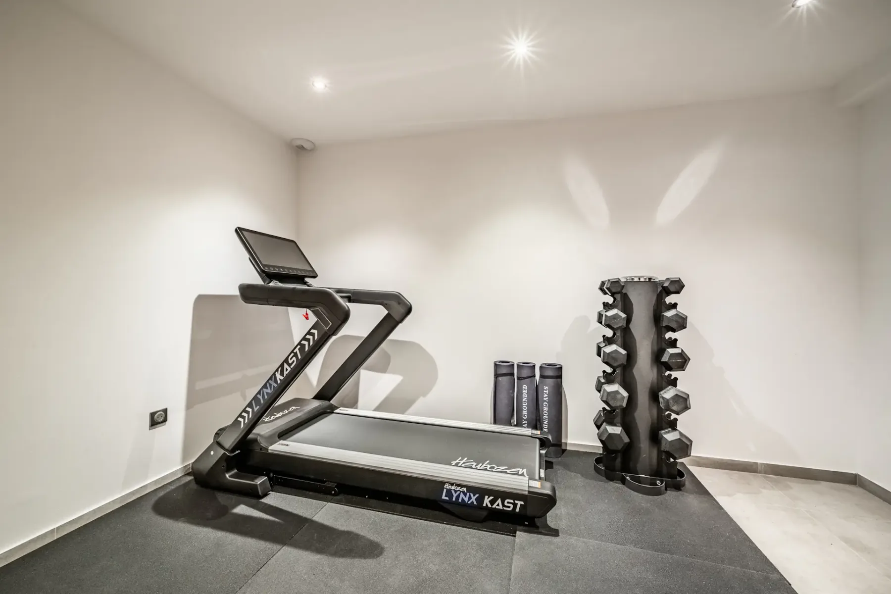 Minimalist home gym with treadmill, dumbbell rack, and exercise mats under bright ceiling lights on a gray carpeted floor.