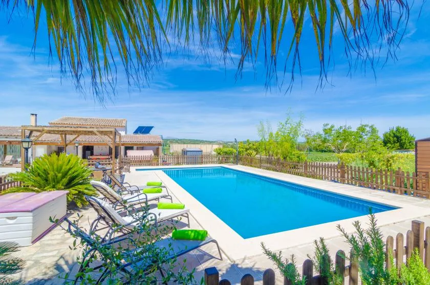 An outdoor swimming pool beside lounge seating and a fenced garden.