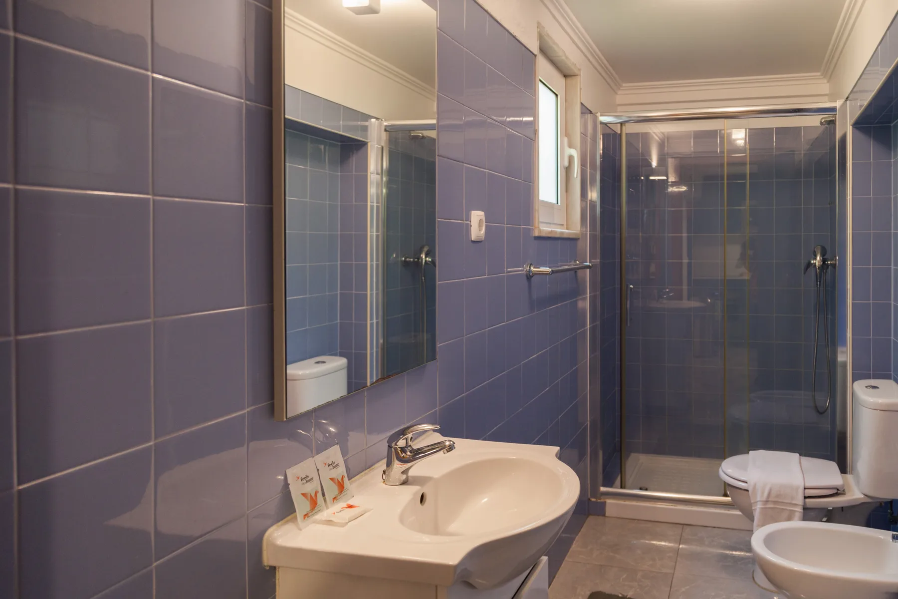 Un baño con azulejos, lavabo, espejo y ducha de vidrio.