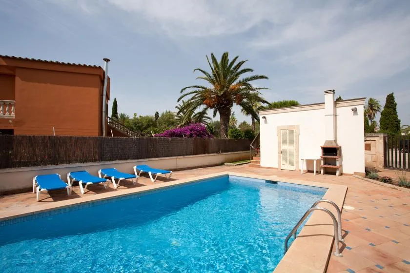 Una piscina al aire libre está junto a una pequeña construcción blanca y una palmera.