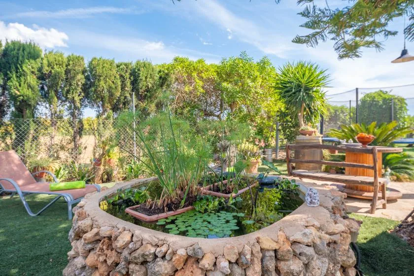 Un estanque de jardín está rodeado de plantas, con asientos al aire libre cerca.