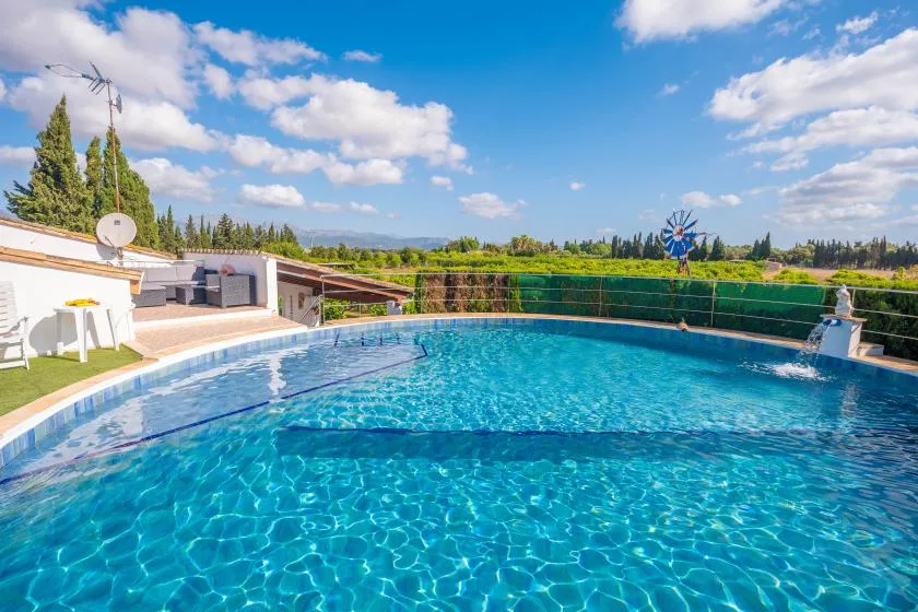 An outdoor swimming pool with a landscaped garden and open sky beyond.