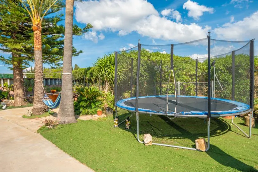 Un césped de jardín tiene un trampolín con red de seguridad junto a palmeras y un camino pavimentado.