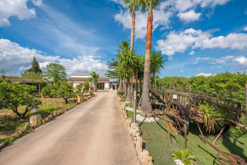 Un camino pavimentado atraviesa un jardín ajardinado y llega hasta un edificio bajo.