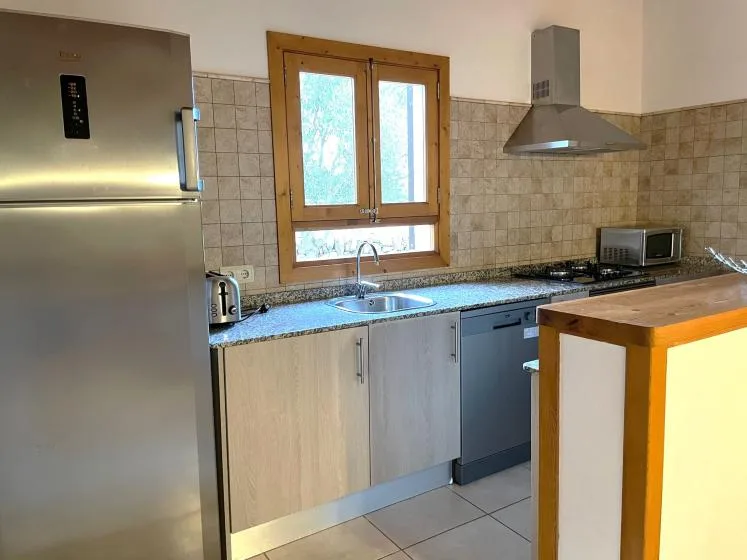 Una cocina con un fregadero bajo una ventana y una encimera con electrodomésticos.