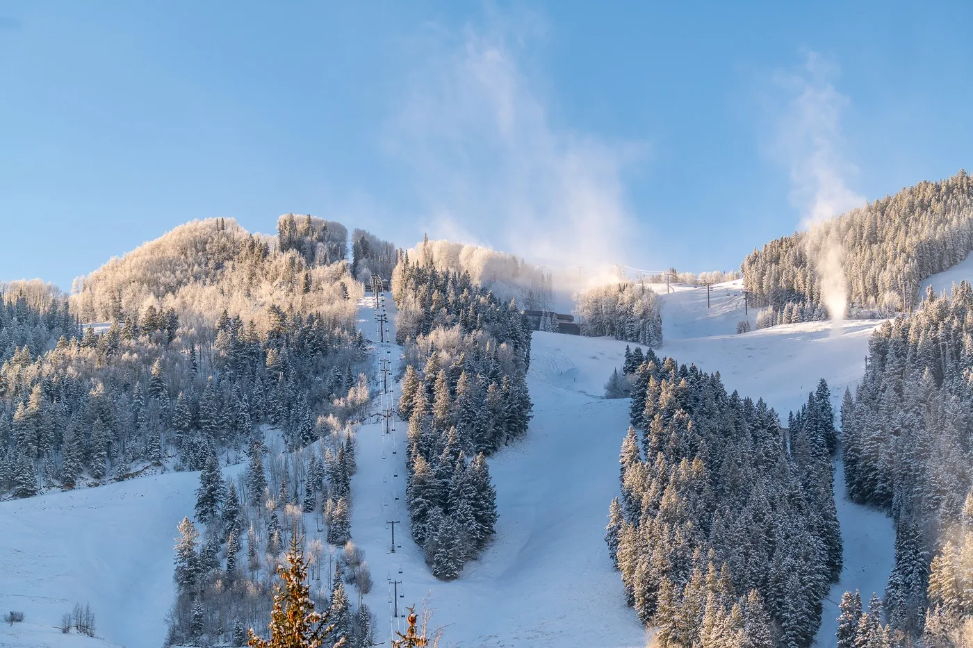 Snow-covered ski slopes run between forested hills beneath a clear blue sky.