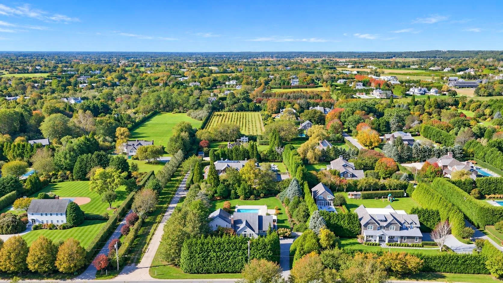 Vista aérea de un vecindario residencial arbolado con casas y jardines.