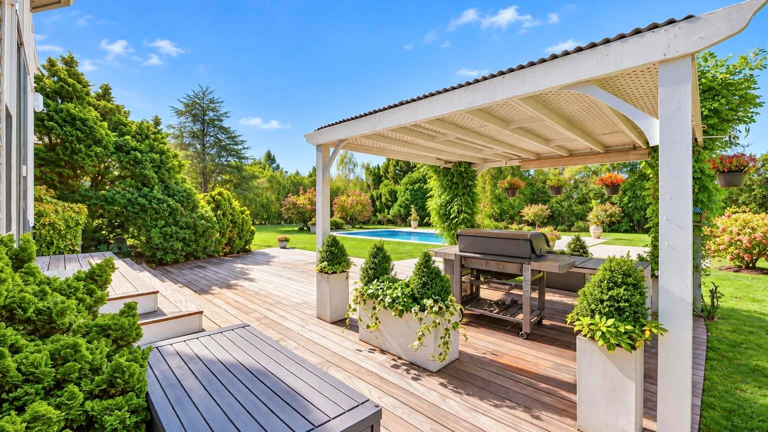 Un patio ajardinado con una zona de descanso cubierta y una piscina.