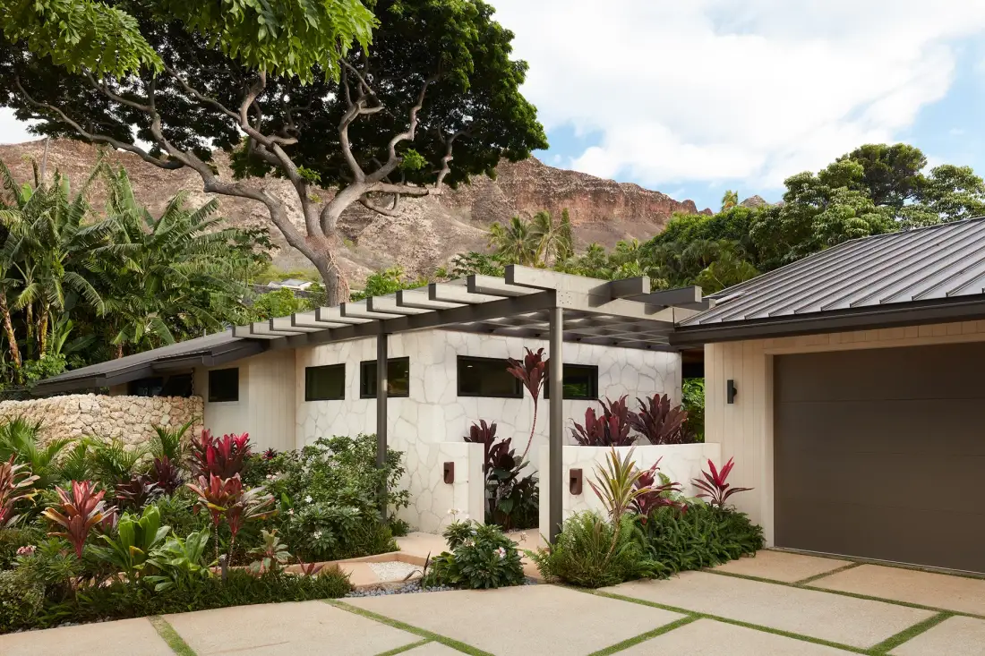 A low modern house sits among tropical plants beneath a leafy tree.