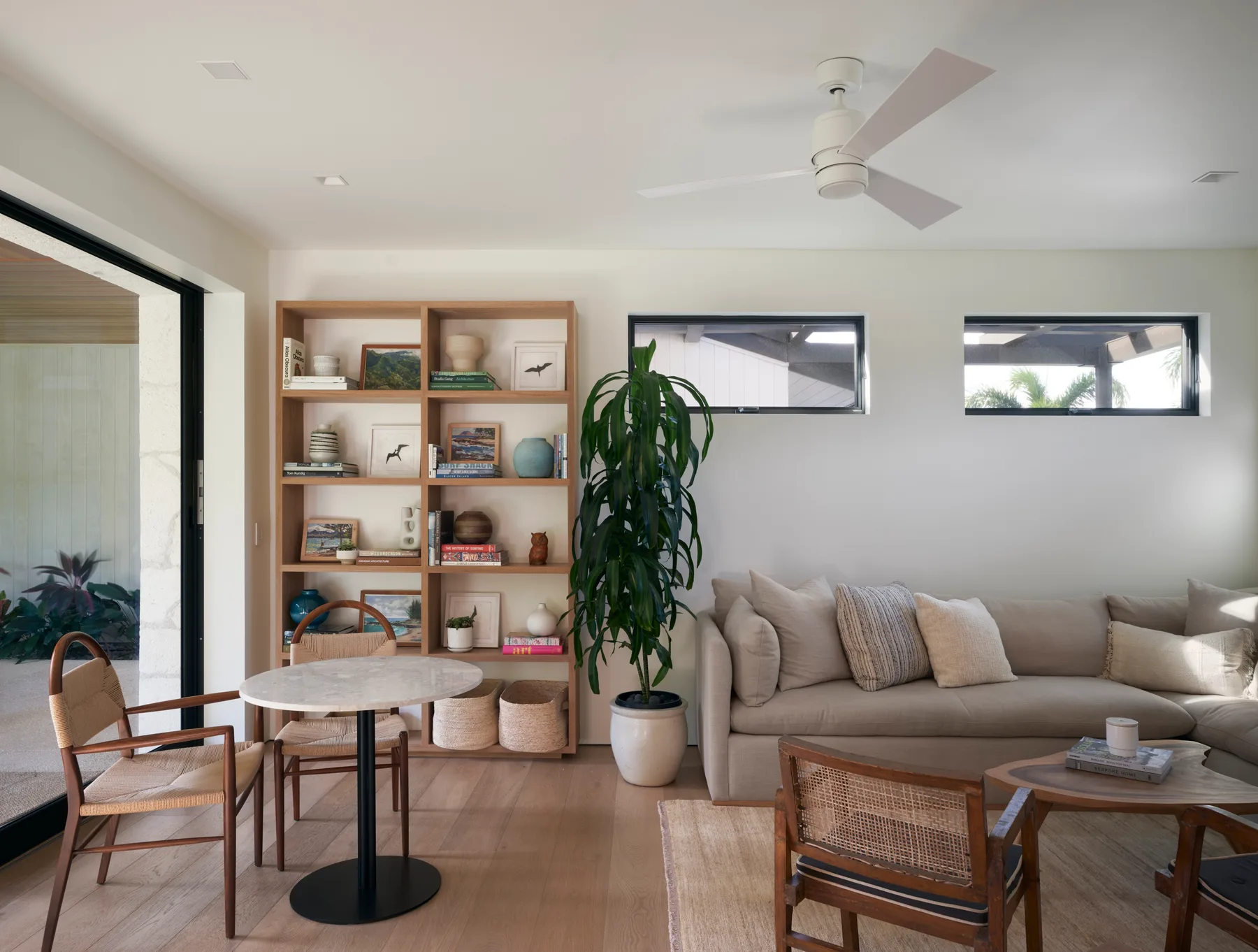 Una sala luminosa con sofá, estantería y una planta en maceta.