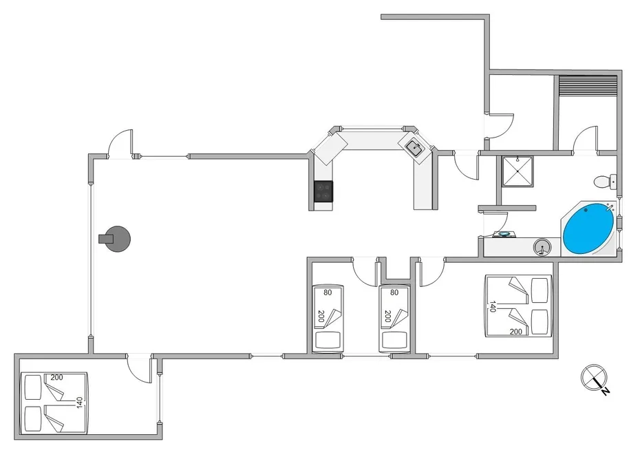 Un plano muestra varias habitaciones, un baño y una bañera azul.