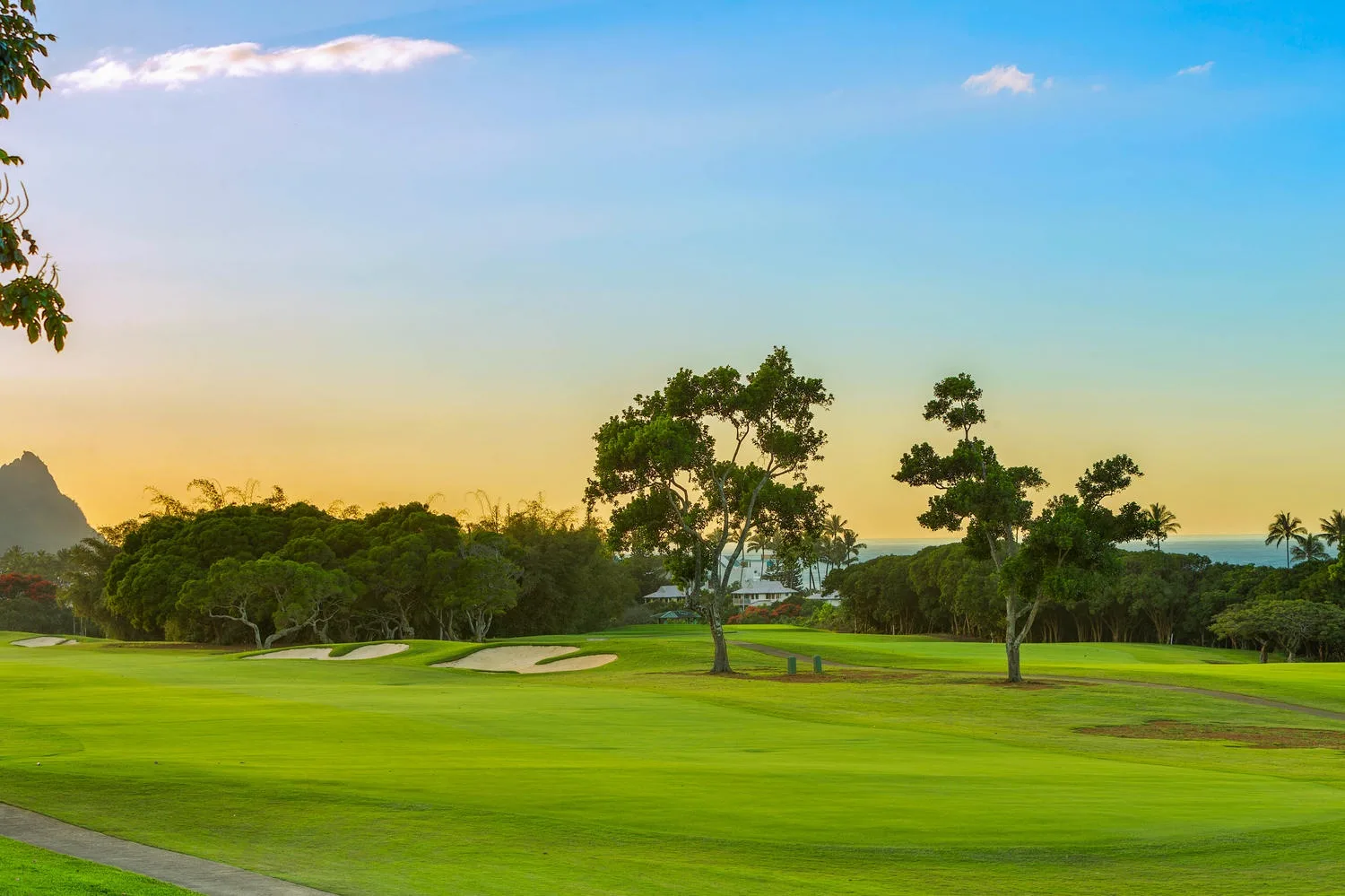 Un campo de golf verde con árboles, bunkers de arena y el mar a lo lejos.