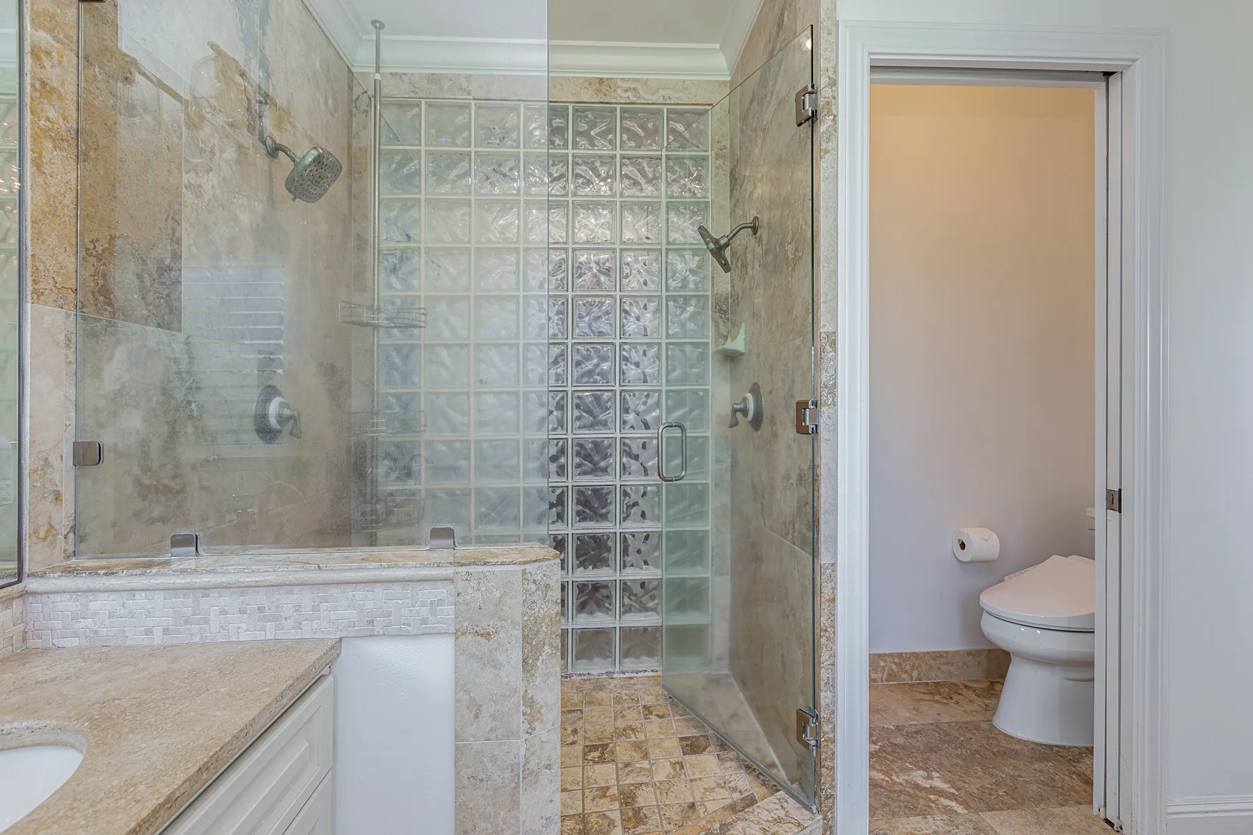 Baño revestido de azulejos con una ducha de bloques de vidrio y un inodoro al lado.