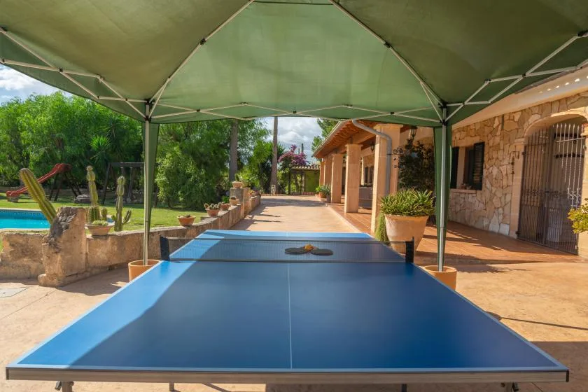 A blue ping-pong table sits beneath a green canopy beside a pool and stone building.