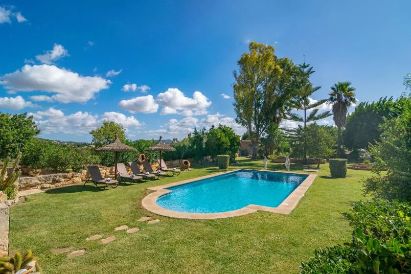 An outdoor swimming pool sits in a grassy garden beneath a bright blue sky.