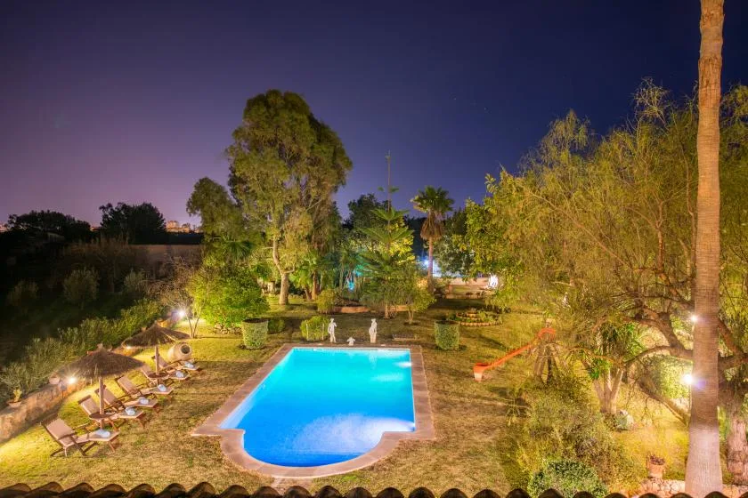 A swimming pool sits among landscaped trees and outdoor seating at night.