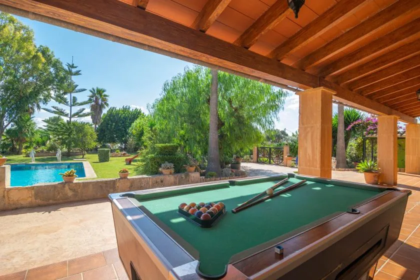 A pool table sits beneath a covered patio overlooking a garden and swimming pool.