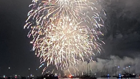 Fireworks burst above a nighttime waterfront, with boats visible along the horizon.