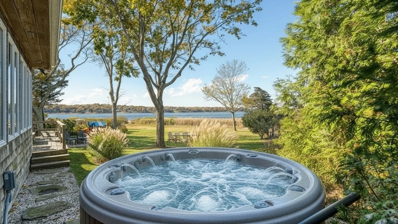 An outdoor hot tub sits beside a grassy yard with a view of the water.