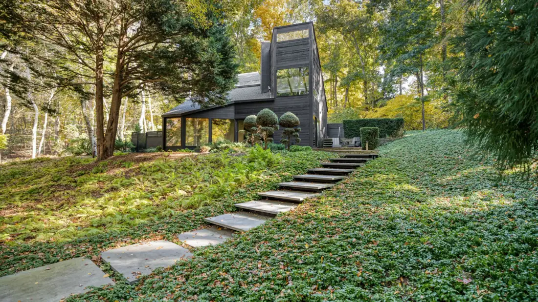 Una casa moderna está entre árboles, con un sendero de losas que conduce hasta ella.