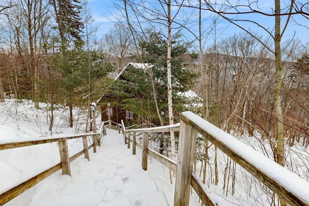 A snow-covered wooden walkway descends through leafless trees toward a small building.
