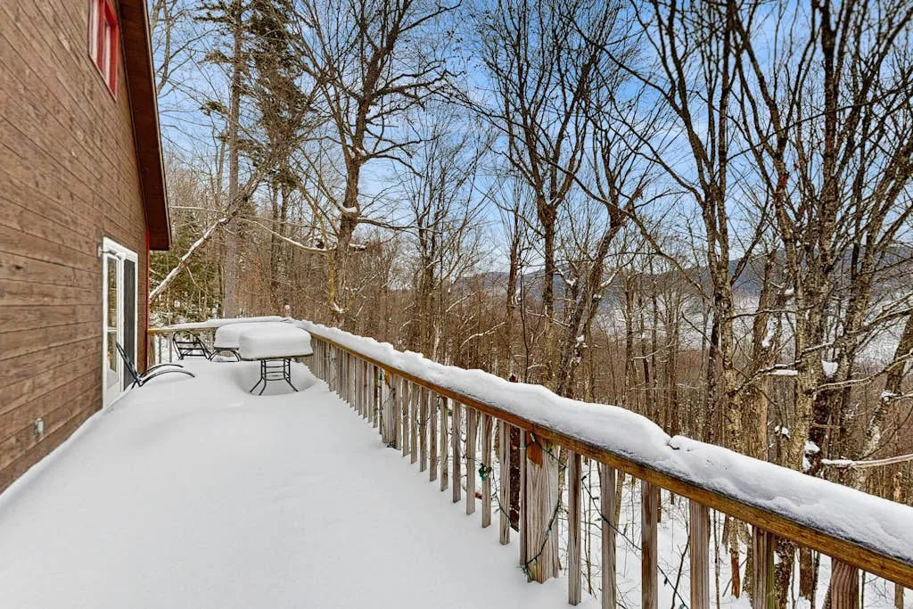 A snow-covered outdoor deck overlooks leafless trees.