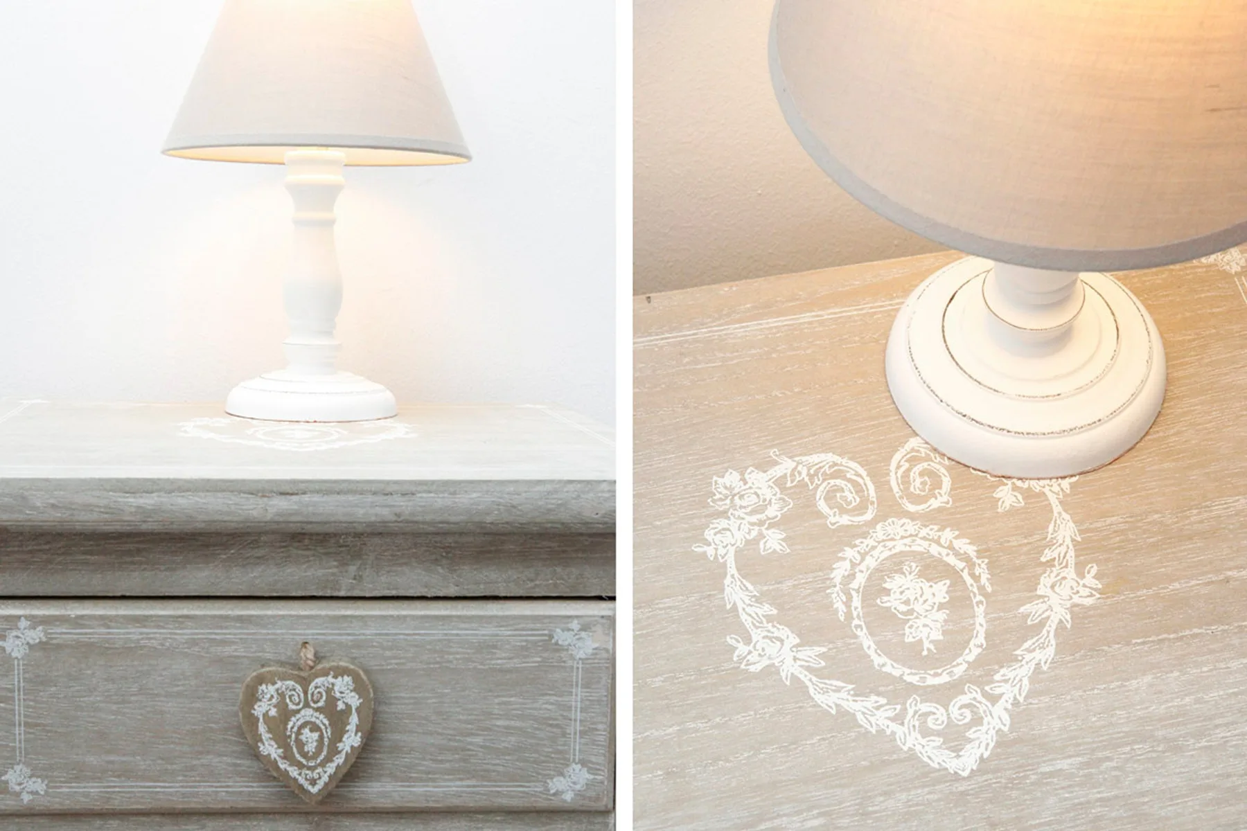 Una lámpara de mesa está sobre una cómoda de madera clara junto a un corazón decorativo.