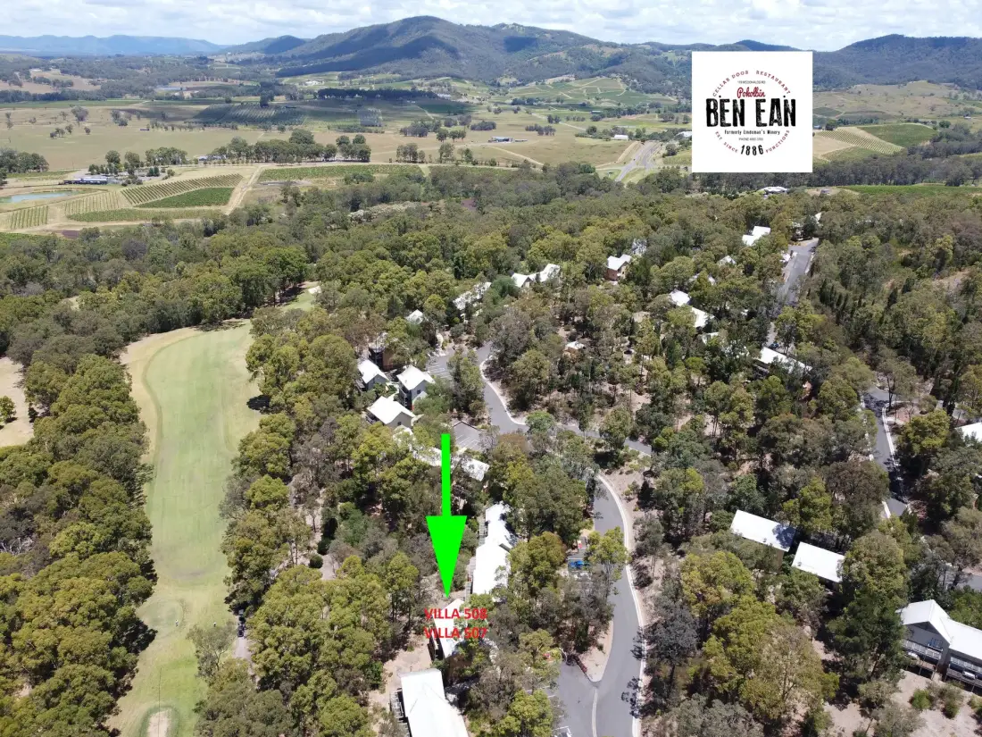 Aerial view of a resort set among trees, with vineyards and hills in the distance.