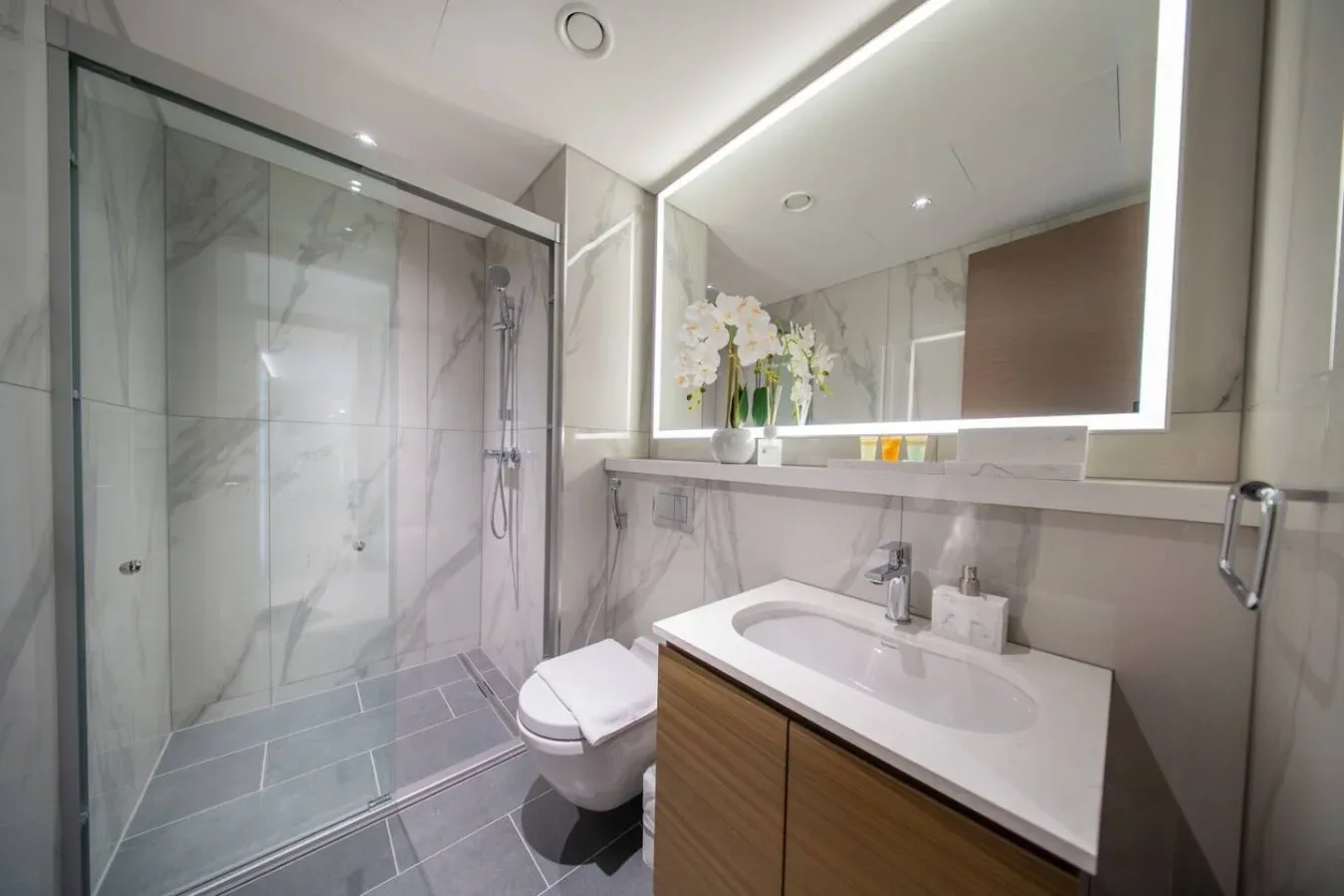 Un baño moderno con ducha de vidrio, lavabo y espejo iluminado.