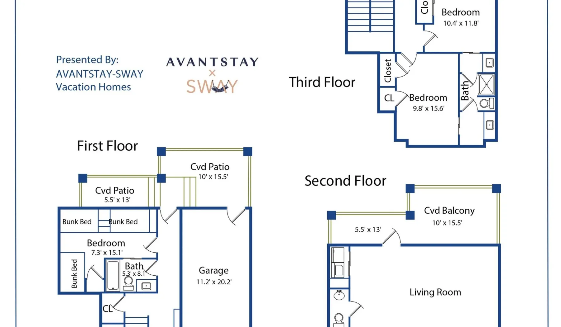 A floor plan diagram shows rooms, bedrooms, patios, and a garage across three floors.