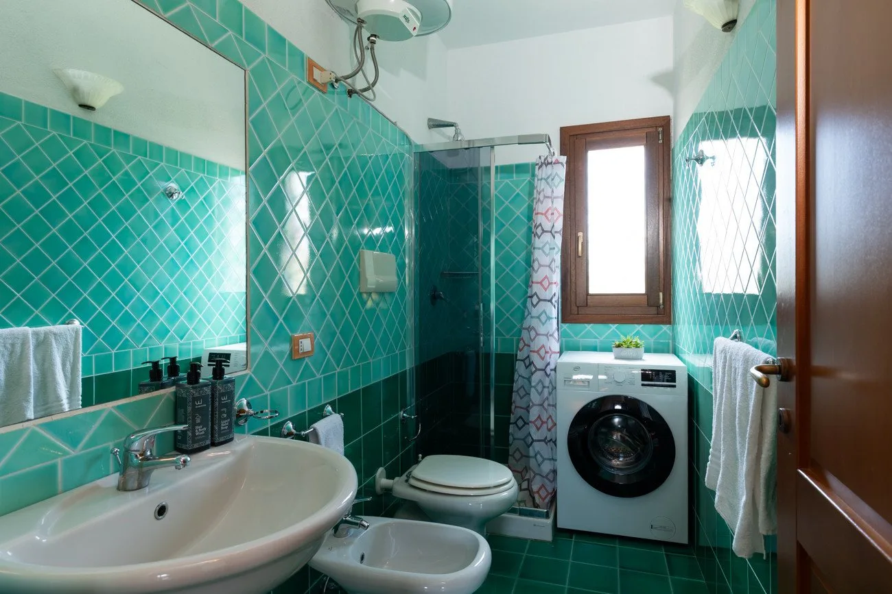 A bathroom with a sink, toilet, shower, and washing machine.