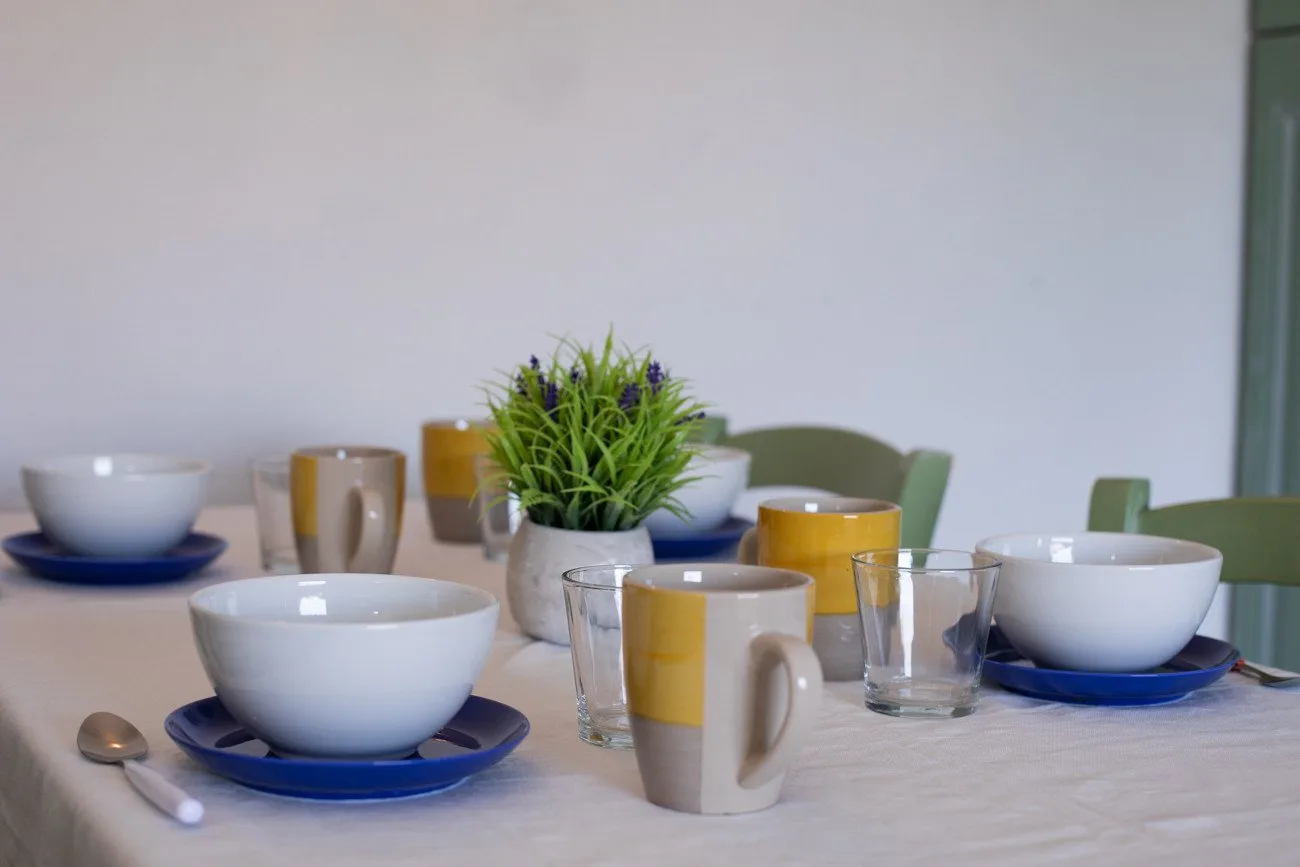 A dining table set with cups, bowls, and a small potted plant.