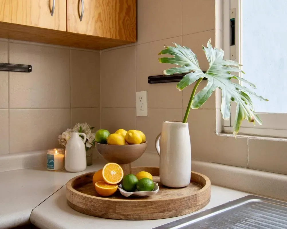 A bright kitchen counter displays a bowl of citrus and a leafy plant beside the sink.