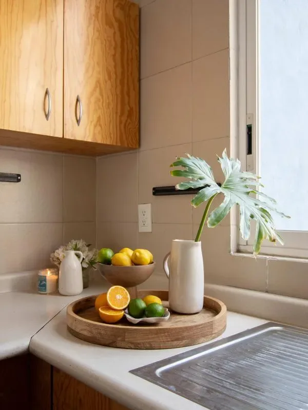 A kitchen counter with a sink, fruit, and a leafy plant by the window.
