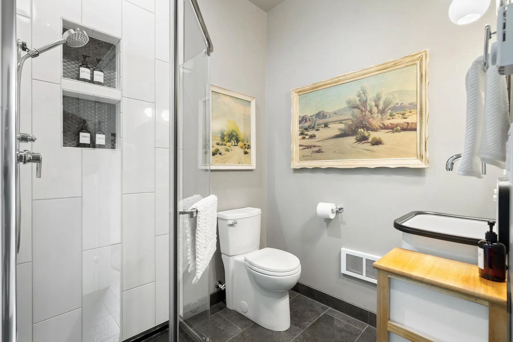 Un baño con ducha, inodoro y un paisaje enmarcado.