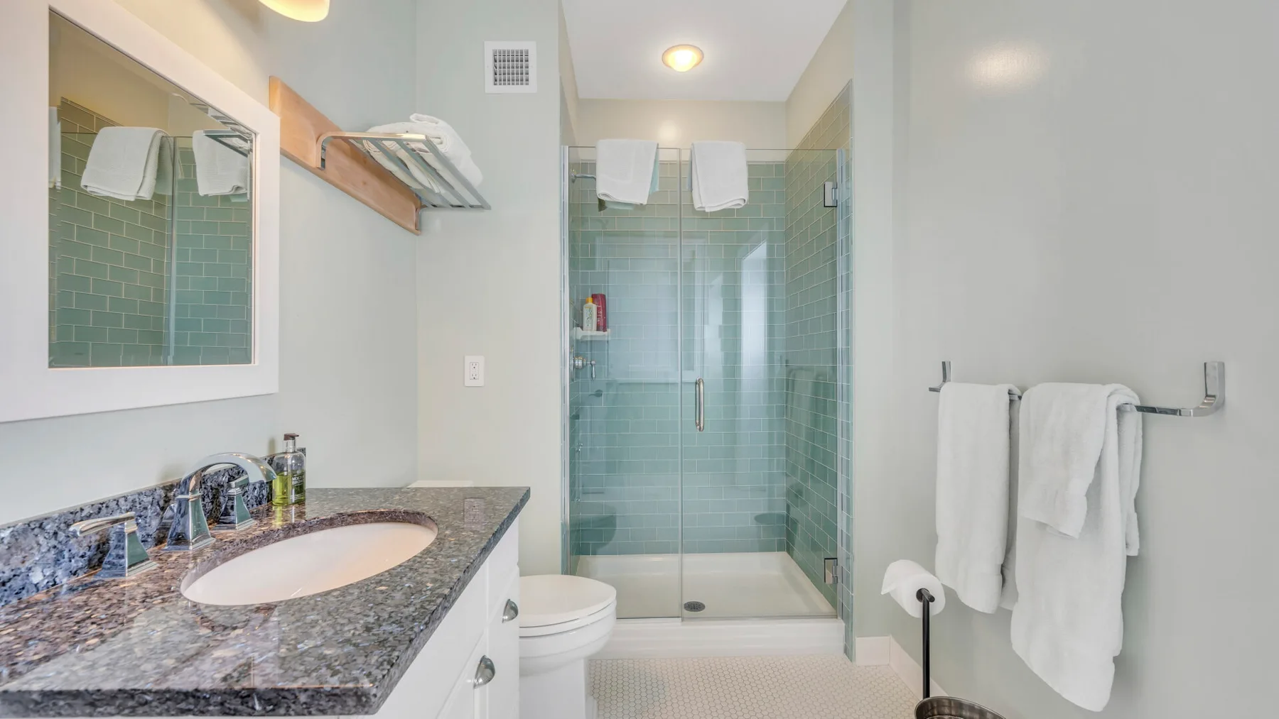Un baño con una ducha de vidrio y un lavabo.