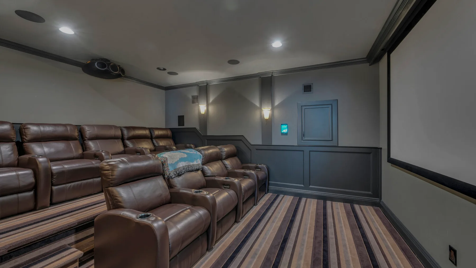 Un cine en casa con filas de asientos reclinables marrones frente a una pantalla grande.