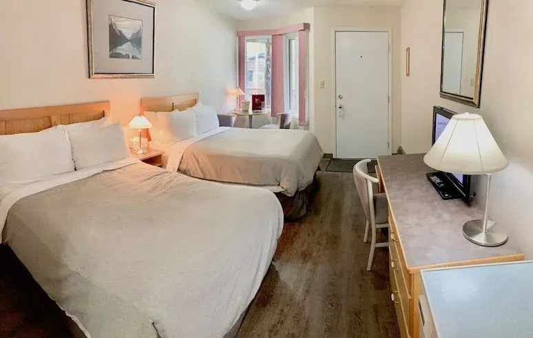 Double Lodge room with two beds, desk and TV.