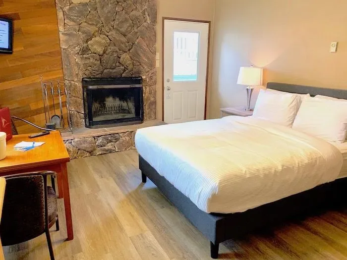 Cabin-style room with stone fireplace and queen bed.
