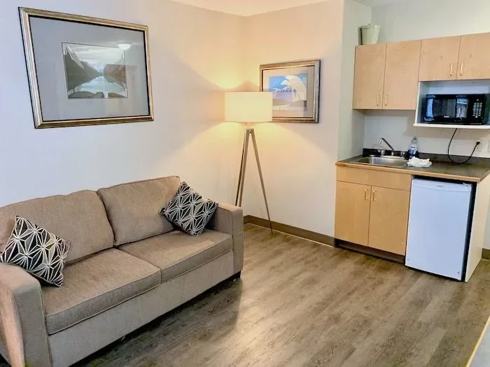 Room 27 sitting area with sofa and kitchenette.