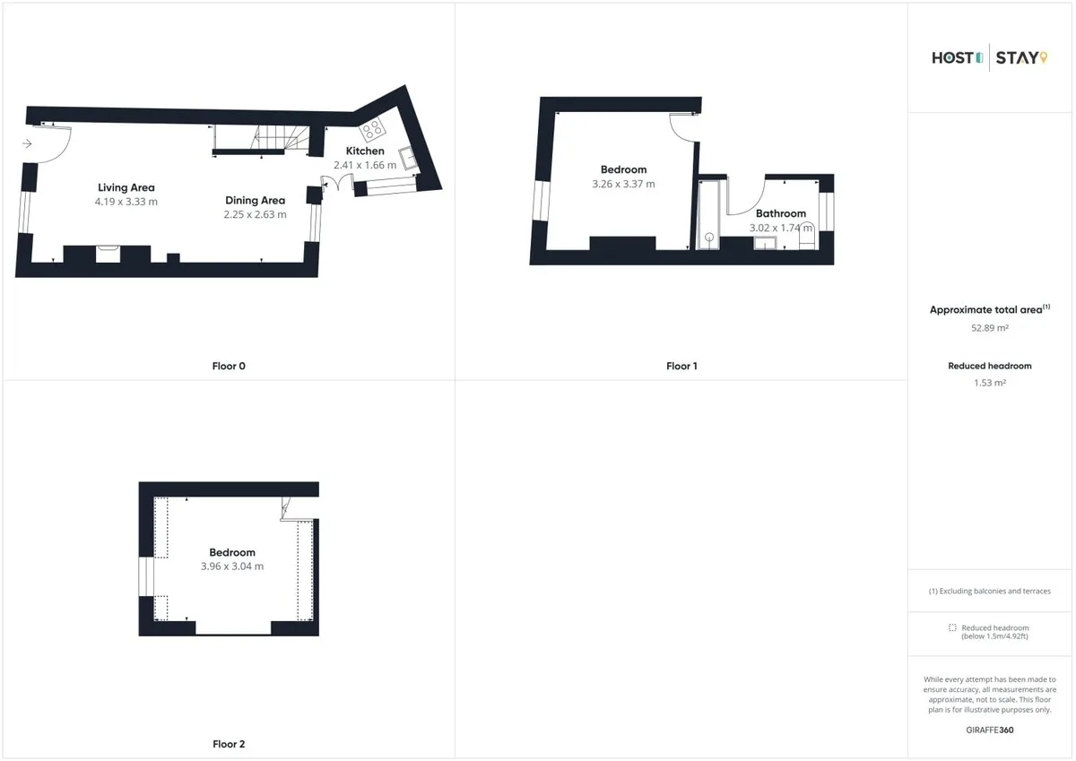 A floor plan shows the living area, kitchen, bedroom, and bathroom.
