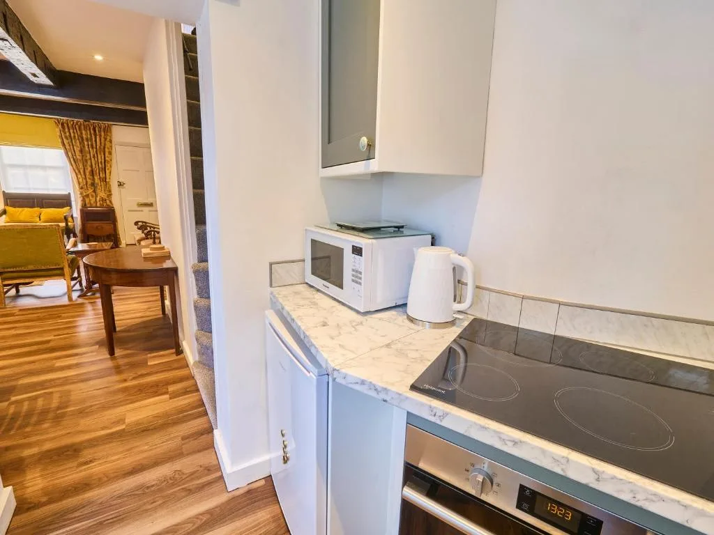 A compact kitchen counter with a microwave, kettle, and electric cooktop.