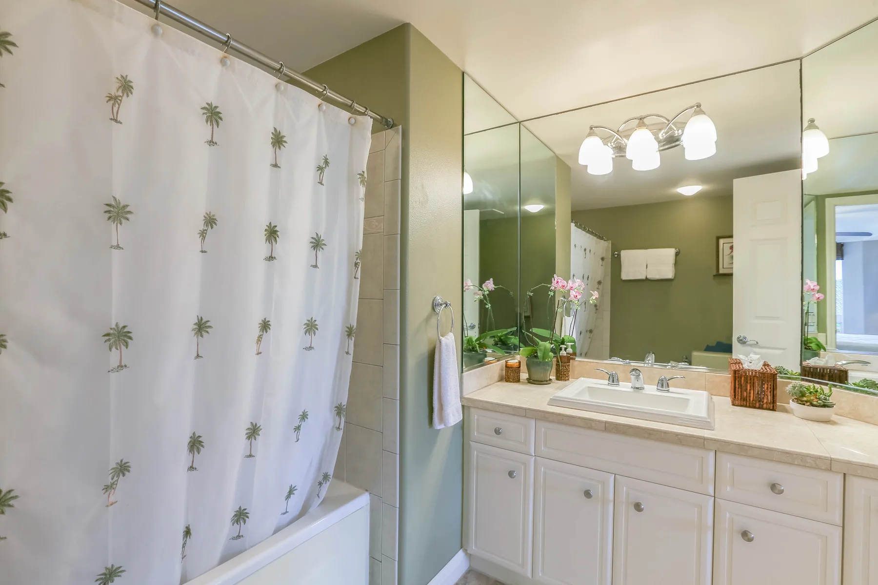 A bathroom with a vanity, mirror, and patterned shower curtain.