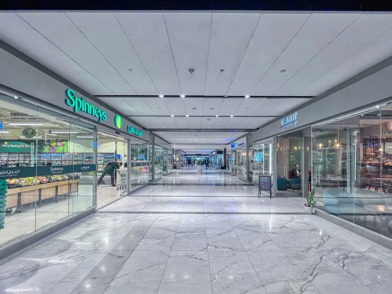 Una galería comercial moderna con escaparates de vidrio y un amplio pasillo embaldosado.