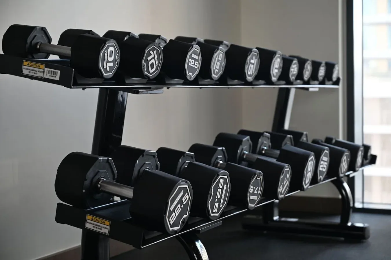 Un soporte de gimnasio sostiene filas de mancuernas junto a una ventana.