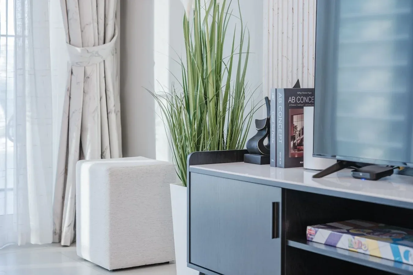 Un rincón luminoso de sala de estar con televisor, mueble multimedia y una planta alta.