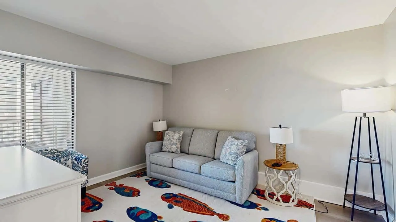 A living room with a gray sofa and colorful patterned rug.