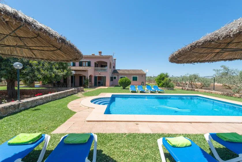 Una piscina al aire libre está en un jardín con tumbonas y una casa al fondo.